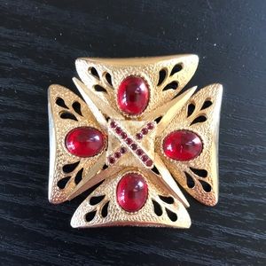 Vintage Gold Maltese Cross Brooch with Red Stones
